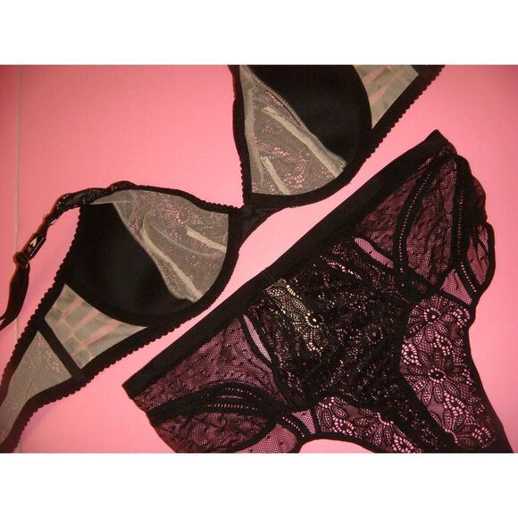 Victoria's Secret unlined 36C BRA SET+M+CORSET bustier Black floral lace strappy - Picture 6 of 7